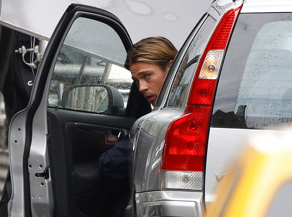 Pitt appears during the filming of 'World War Z' in Glasgow