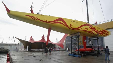 America's Cup challenger China Team boat CHN95 is displayed during its unveiling ceremony two days before the Valencia Louis Vuitton Act 13 Fleet-Race competition in Valencia April 1, 2007.
