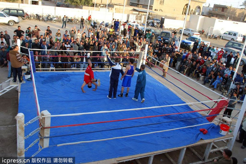 Iraqi Imad al-Din Ahmad (L) of the Ramadi Future boxing club tumbles as he celebrates his win over Mohammed Laith of Hitt during the final heat of the Anbar provincial boxing league in the western town of Ramadi some 100 kms from Baghdad, on Feb 12, 2009. Public sports in post-war Iraq