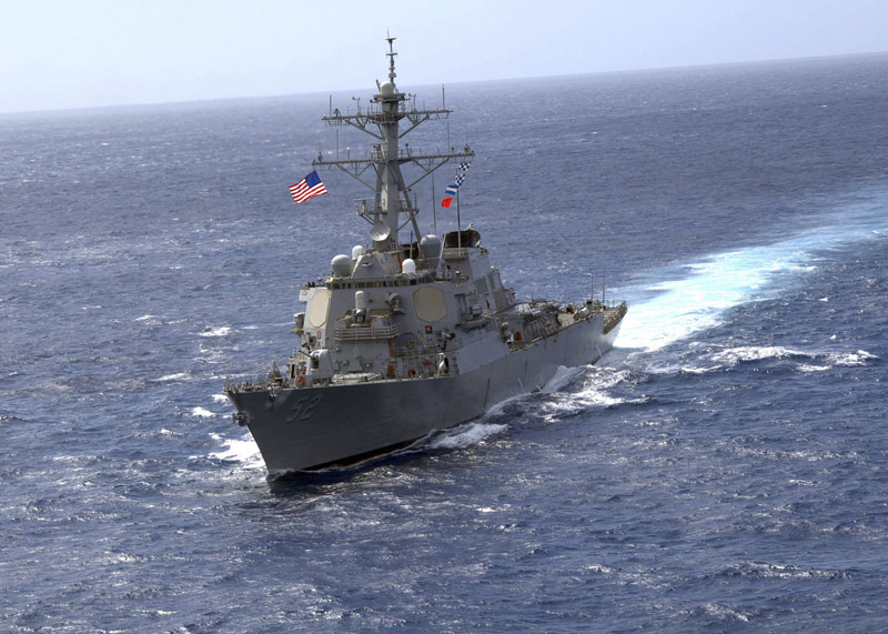 The guided-missile destroyer USS Barry (DDG 52) conducts division tactics while transiting the Atlantic Ocean to participate in Joint Warrior 081 in this April 7, 2008 handout photo provided by the U.S. Navy. US missile destroyers stand by in Mediterranean