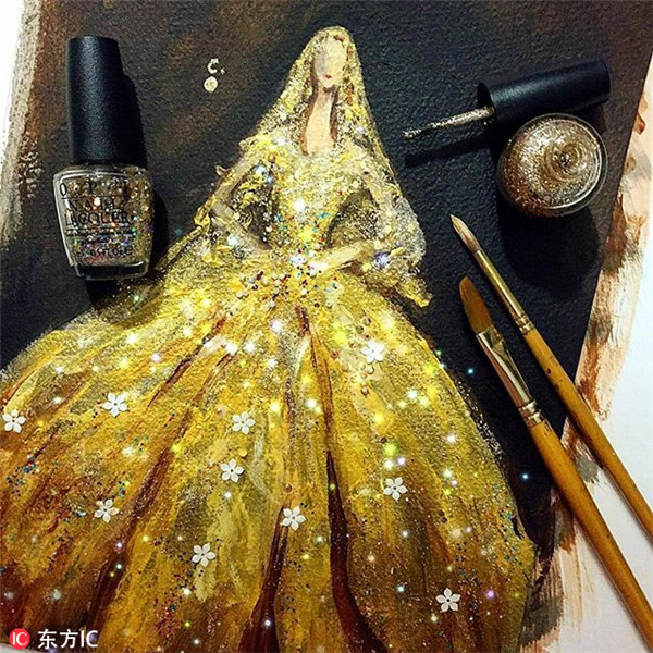 Fantasy fashion sketches made with nail polish