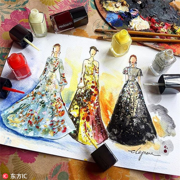 Fantasy fashion sketches made with nail polish