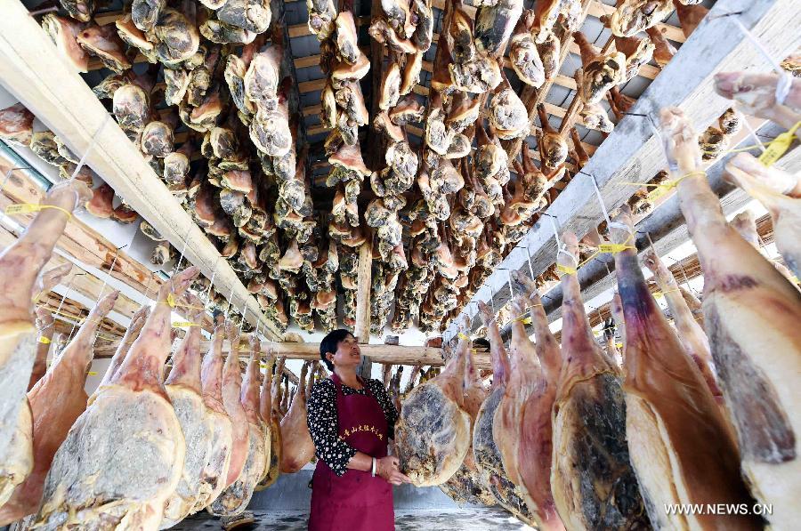 Homemade cured hams in SW China