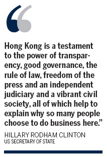 Clinton cites Hong Kong's strength as business base