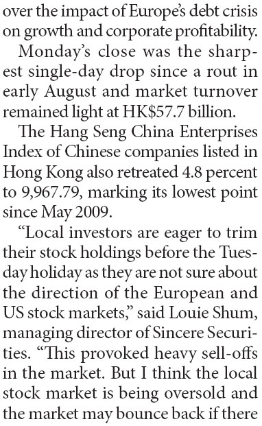 Shares tumble 4.2% on Euro debt fears