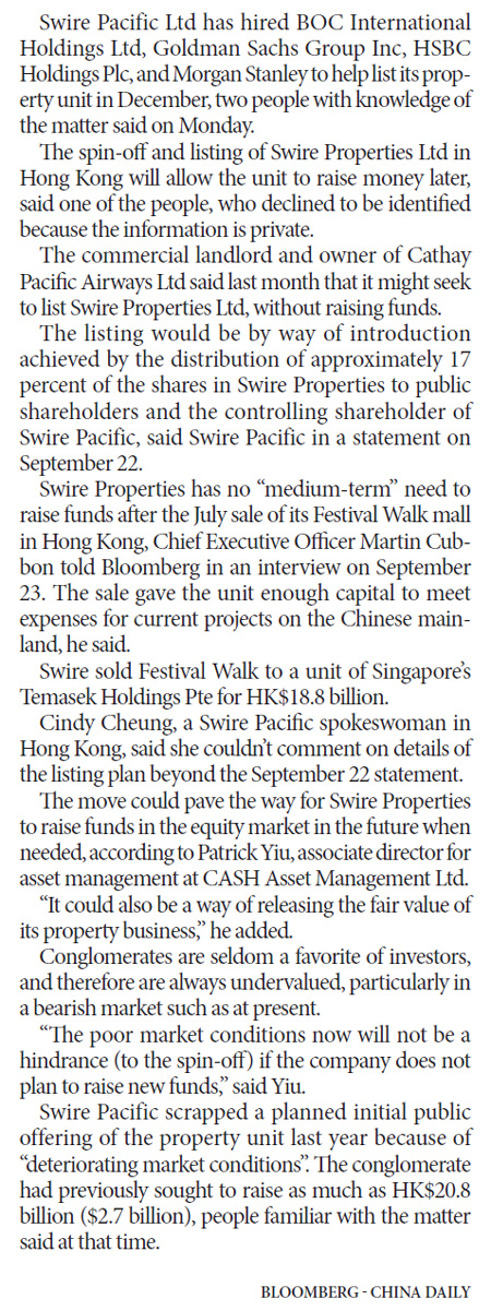 Swire eyes property unit spin-off in Dec
