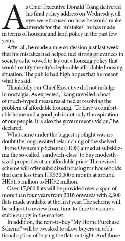 Tsang's housing policy initiatives a welcome start