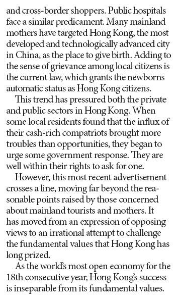 Derogatory ad threatens Hong Kong's fundamental values