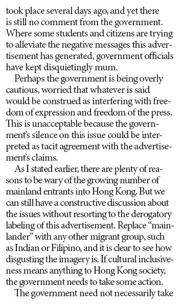 Derogatory ad threatens Hong Kong's fundamental values
