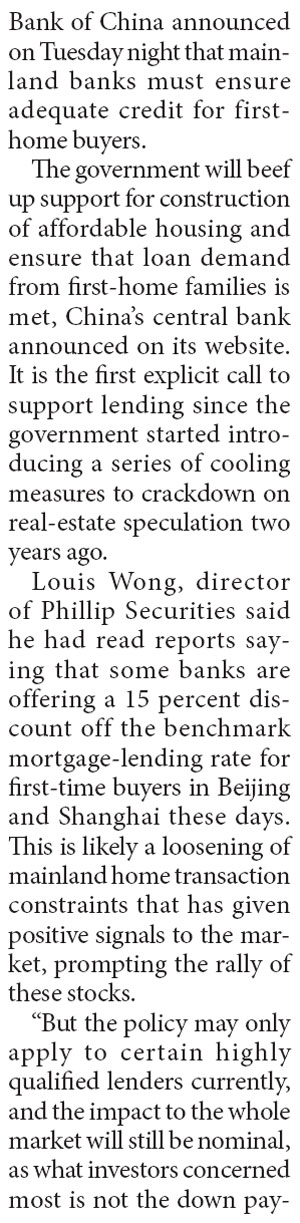 Mainland developers stocks up on home support news