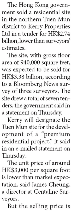Kerry Properties buys Tuen Mun site