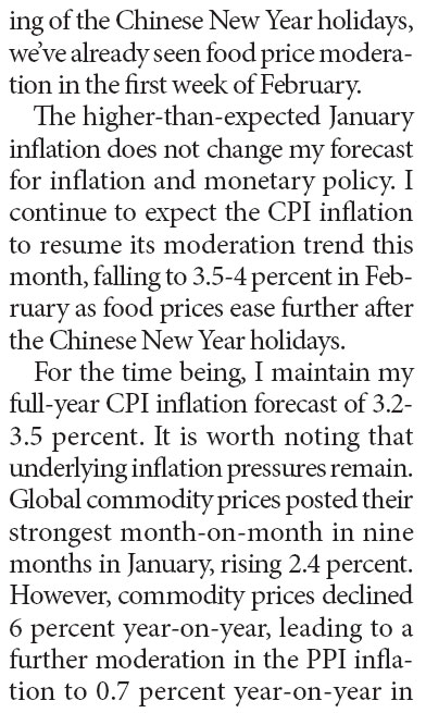 China to keep neutral policy stance despite higher Jan infl ation