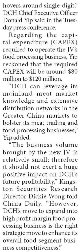 DCH sets up JV for food processing business