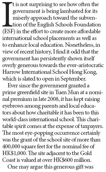 Harrow Int'l School HK a harrowing cost to taxpayers