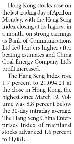 HSI at 1-month high on strong earnings
