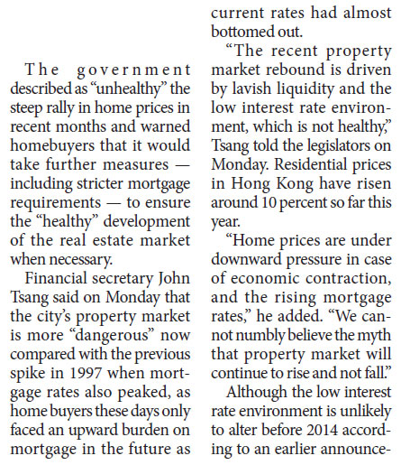 Unhealthy home prices at 'dangerous' level: Tsang