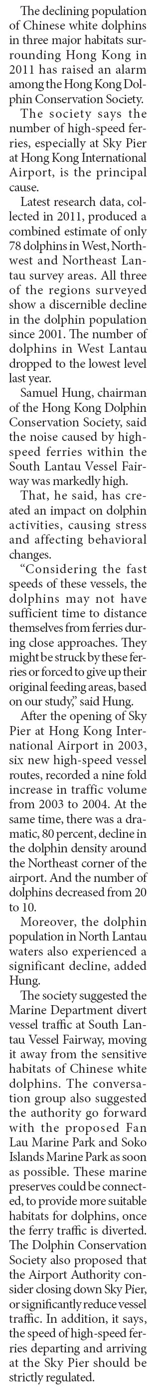 Ferries blamed for dolphin decline