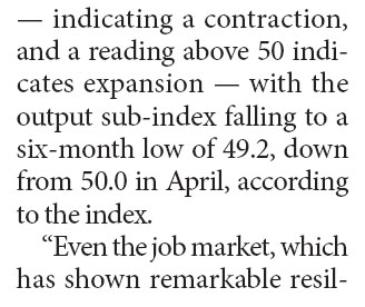 May PMI recedes on slower mainland economic growth