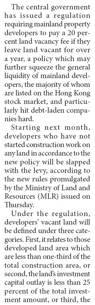 Mainland developers to pay 20% vacant land fee