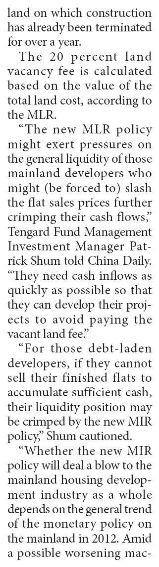 Mainland developers to pay 20% vacant land fee