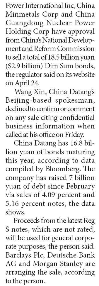 China Datang plans to market yuan bonds in HK