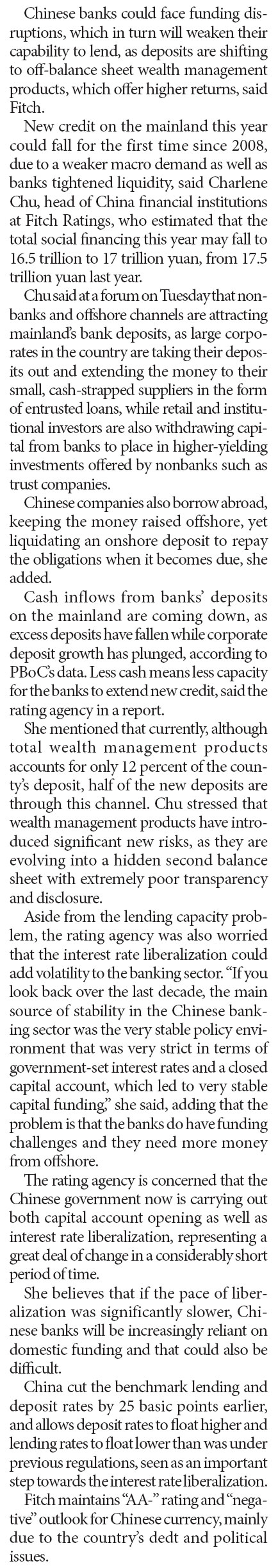 Fitch warns of falling new credit on the mainland