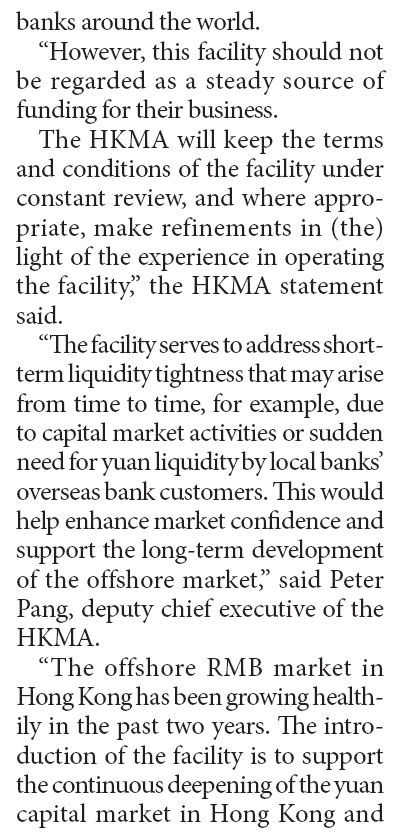 HKMA offers short-term yuan liquidity