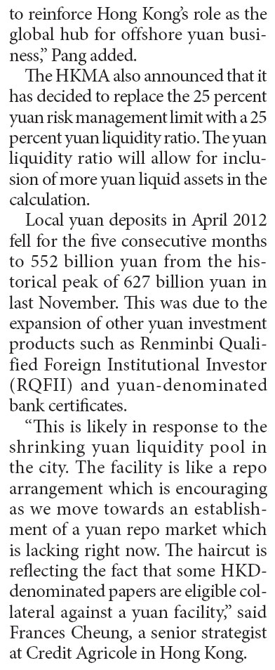 HKMA offers short-term yuan liquidity