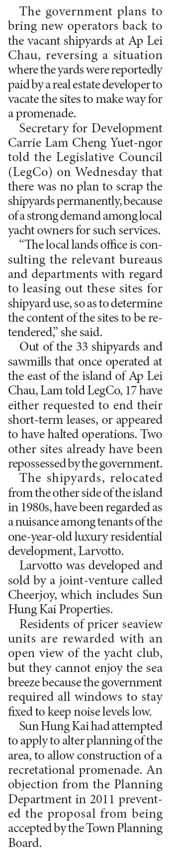 Ap Lei Chau yards to be restored to meet needs