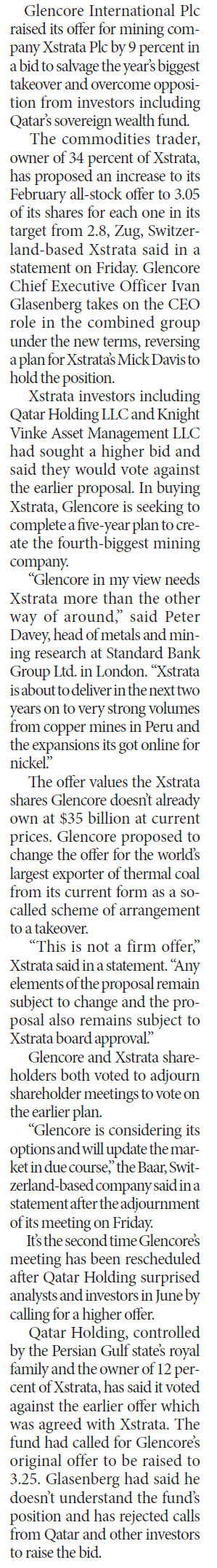 Glencore raises offer for Xstrata Plc by 9%