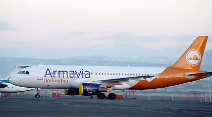 An undated file photo shows an Armavia Airbus A320 passenger airliner on the tarmac at Yerevan airport. An Armenian airliner crashed into the Black Sea off the Russian coast in heavy rain on May 3, and all 113 passengers and crew on board were killed, the Russian Emergencies Ministry said. 