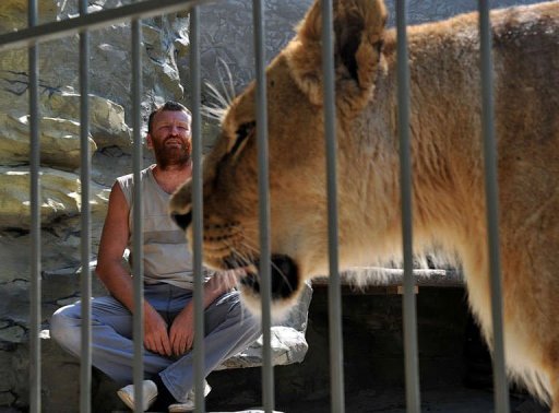为动物园筹措资金 乌克兰驯兽师与两猛狮生活一个月