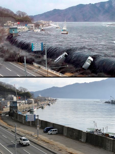 日本地震海啸一年后恢复对比图