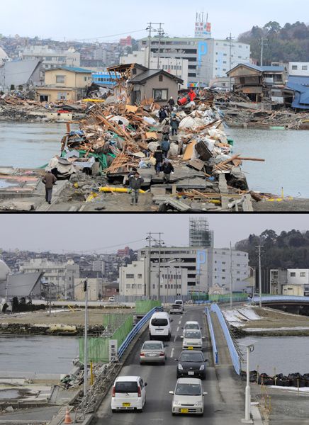 日本地震海啸一年后恢复对比图