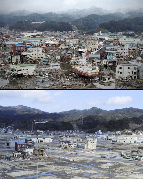 日本地震海啸一年后恢复对比图