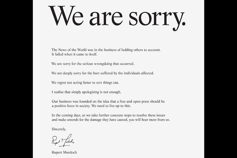 默多克发道歉声明对受害者家属说对不起