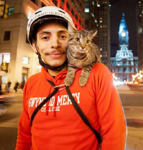 费城邮差演绎美版“人猫情缘” 送件路上猫咪伴肩头