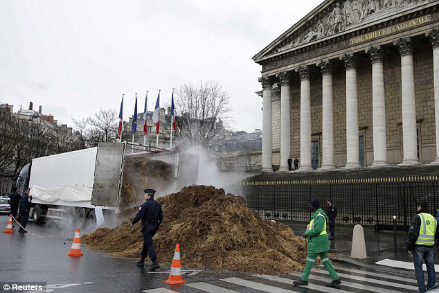 法国民众议会大楼前倒马粪抗议奥朗德