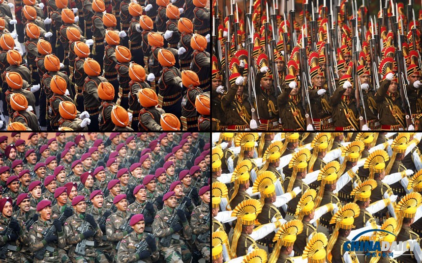 印度阅兵式展先进武器 安倍出席保安持枪护卫