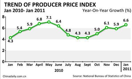 China's Jan CPI up 4.9%; PPI up 6.6%