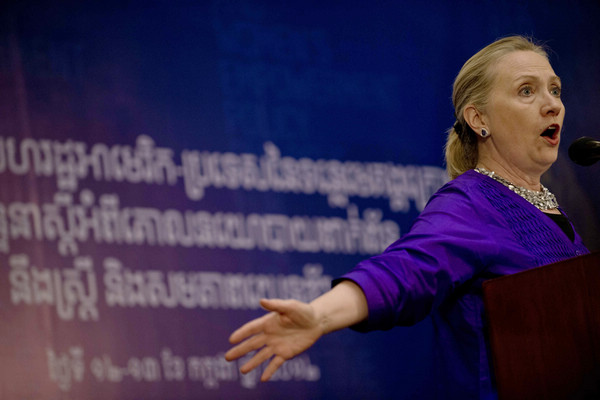 US Secretary of State Hillary Clinton gives a speech during the second Friends of Lower Mekong Ministerial Meeting in Phnom Penh, Cambodia, on Friday. Photo by Heng Sinith / Associated Press 
