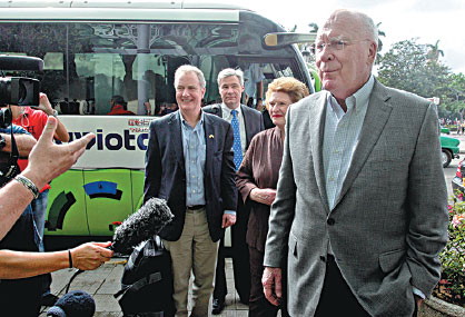 us senator patrick leahy talks to the media upon arriving at his hotel