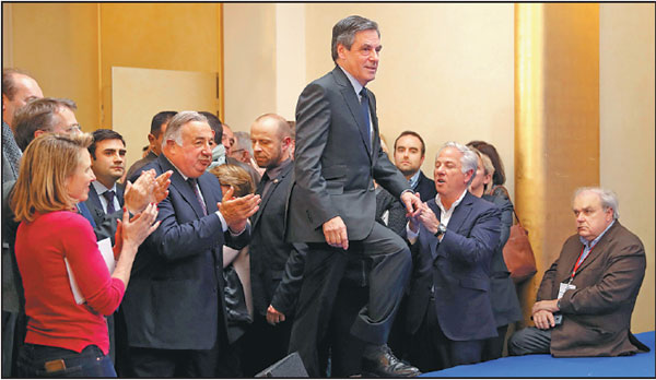 Francois Fillon Walks To Deliver A Speech After Winning The French