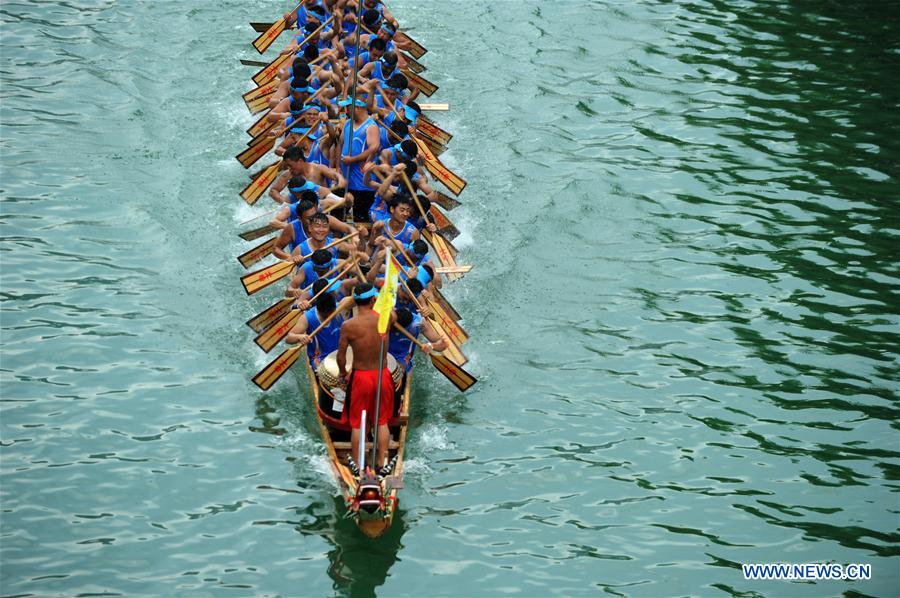 Training for dragon boat race held on Wuyang River in Guizhou