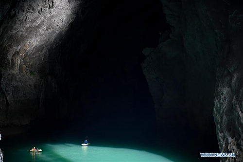 A look of world's largest cave chamber in SW China's Guizhou