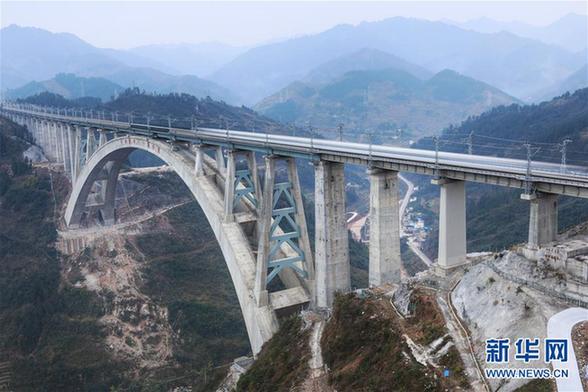 China's longest concrete arch railway bridge supports trial run in Guizhou