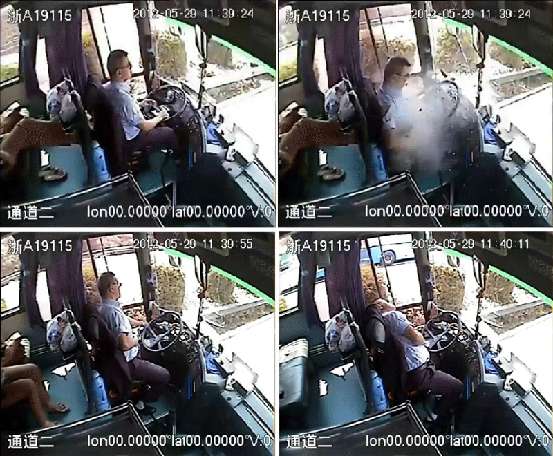The tragic last moments of hero bus driver Wu Bin are captured on video after he was struck by a large piece of iron through the windscreen on May 29. Heroes of 2012
