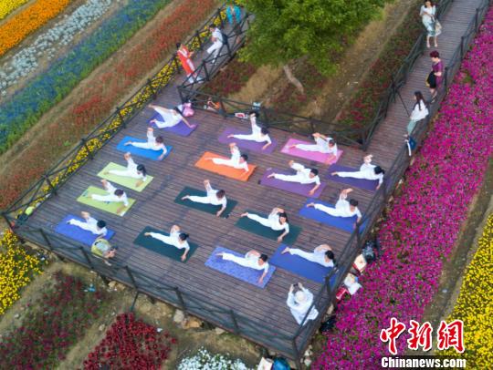 Yoga group performs lotus positions among the flowers in Wuxi