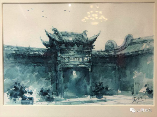 Hand-painted postcards depict historical buildings in Jiangyin