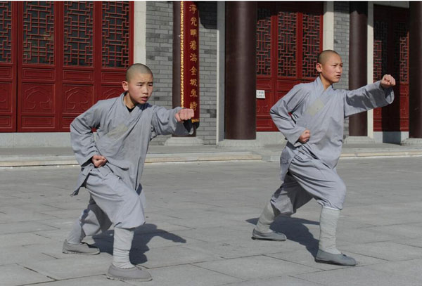 Young monks practice kung fu in Changchun